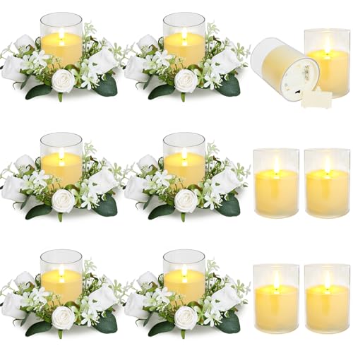 Tobilu 12 PCS Artificial Roses Rings - 3 Inch Roses Flower Wreaths with LED Candles Eucalyptus Pillar Holder Wreath for Wedding Table Centerpiece Home Decorations White 6 Sets