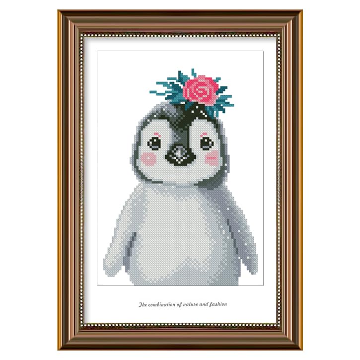 Image of Zhenqing Stamped Cross Stitch Kit for Beginners - Penguin Animal Design, 11 Count 9.8 inchx13.8 inch Pre-Printed Embroidery Kit with Instructions, DIY Home Decor & Gift Ideas(67542)