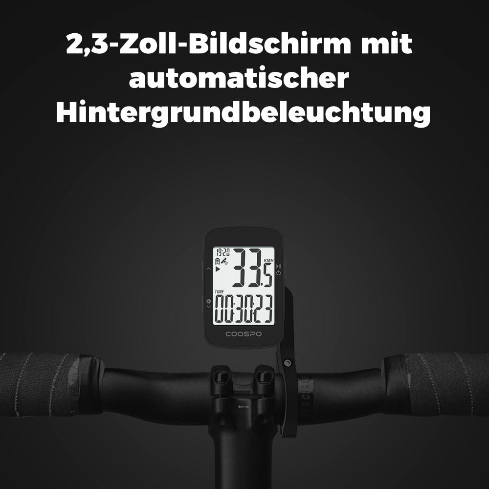 COOSPO BC26 GPS Fahrradcomputer Kabellos Bluetooth5.0/ ANT+, IP67 Wasserdichter Fahrrad Kilometerzähler Drahtlose Fahrradtacho Radcomputer 2,3 Zoll LCD mit Automatischer Hintergrundbeleuchtung