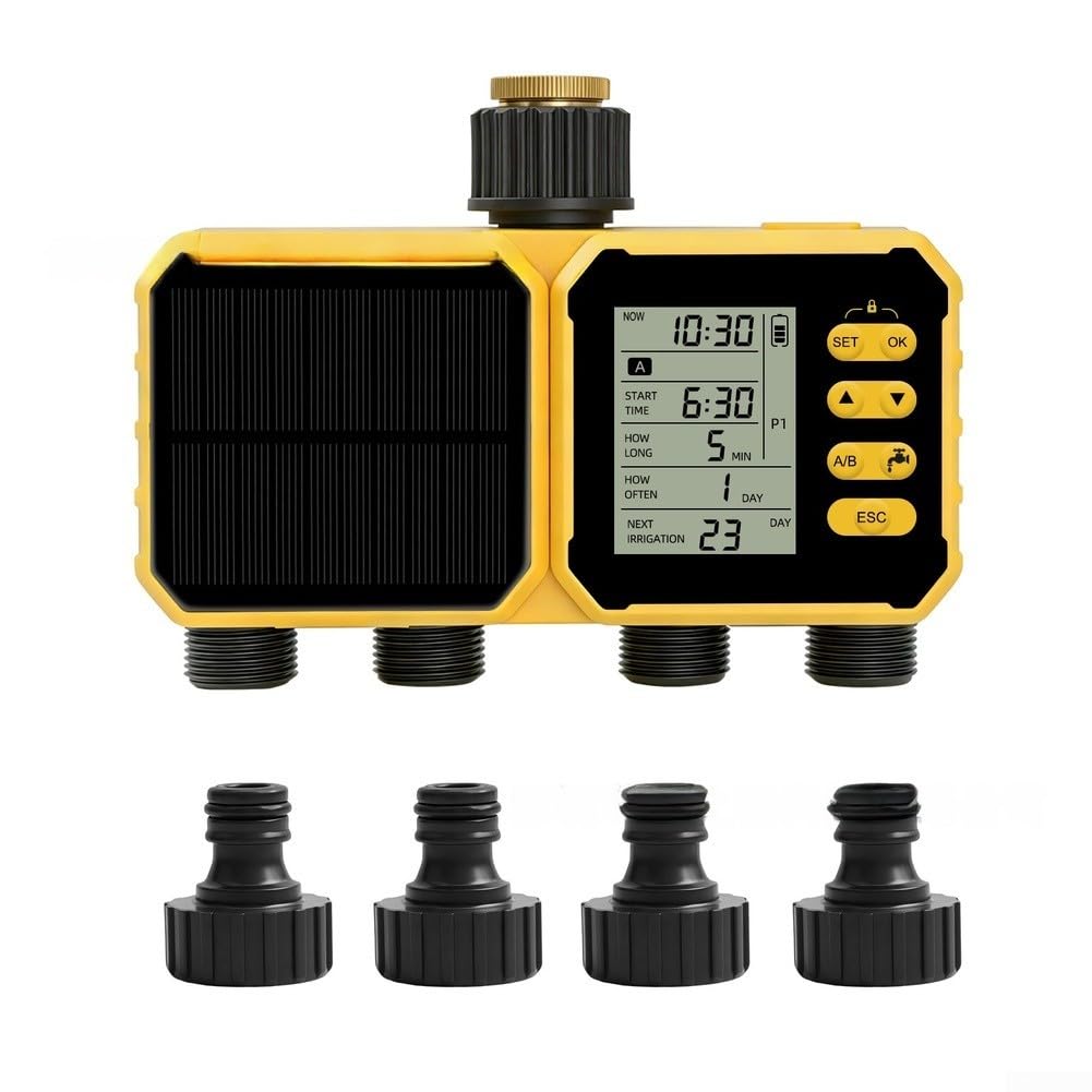 Solar-Bewässerungssteuerung, 4-Zonen-Bewässerungs-Timer, Regensensor, automatisches Tropfsystem für Rasenpflanzen