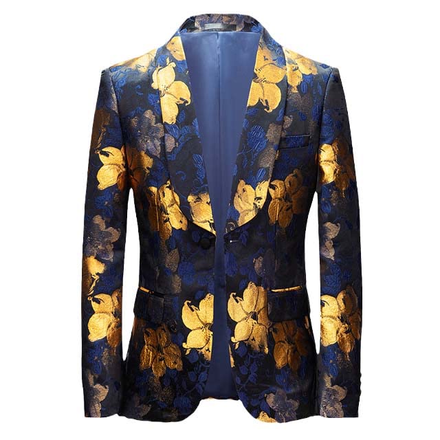Gold Floral Jacquard Tuxedo Blazer Male Shawl Collar One Button Dress Suit Jacket Mens Wedding Party Dinner Blazer