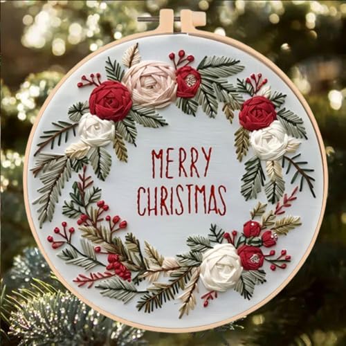 Image of Huacan Embroidery Kits for Adults Beginner DIY Cross Stitch Stamped Christmas Pattern Stitching Wreath Sewing Kit 1 Piece 7.8 x 7.8 Inch