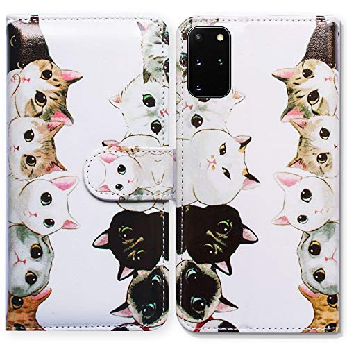 BCov Leather Flip Case for Samsung Galaxy S20 Plus - White Black Cute Cats Design with Card Slot Holder and Kickstand