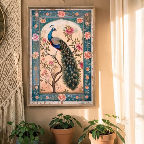 Image of Livin'luxe Vintage Peacock Floral Wall Painting with Wooden Frame | Elegant Bird Artwork HD UV Laminated MDF Wall Decor | Traditional Peacock Art for Living Room Bedroom Home Decoration