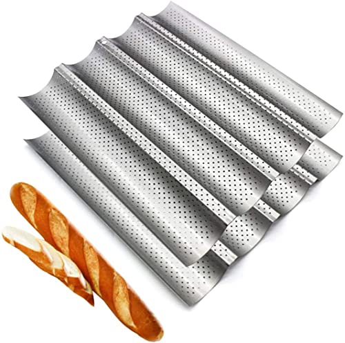 Fasmov 2 Pack Baguette Pan, 15" X 13"French Bread Baking Pan Nonstick Perforated Baguette Pan 4 Wave Loaves Loaf Bake Mold Toast Cooking Bakers Molding, Silver #TOP1