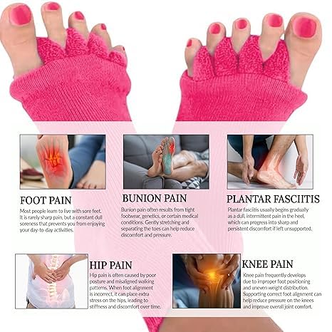 Image of Foot Alignment Orthopedic Cotton Socks for Men & Women | Five Toe Separator | Foot Pain Relief | Bunion Corrector | Plantar Fasciitis Support |Free Size | DarkGray-Pink | 2 Pair | UK8-11