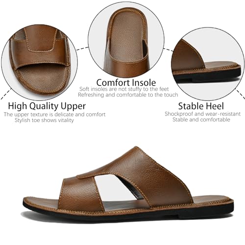 Image of Men's Leather Cutout Slides Sandals Comfortable Lightweight Open Toe Anti-Slip Soft Bottom Slip On Slippers Summer Outdoor Casual Beach Sandals