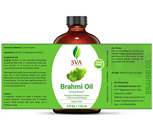 Image of SVA Brahmi Oil - 4 Fl Oz - for Face, Skin Care, Hair Care, Scalp Massage & Body Massage - Carrier Oil with Dropper