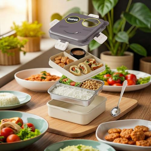 Image of Tiffin Box for School Office College, Insulated Stainless Steel Lunch Box, 3 Section Food Container, Leak Resistant Bento Box with Spoon, Durable Meal Carrier, 1120ml + 70ml (Grey, Super Cat)