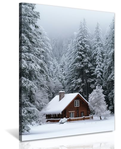GLOKAKA Winter Cabin Wall Art Snowy Forest Landscape Painting Print Rustic Farmhouse Poster Artwork for Living Room Bedroom Home Office Wall Decor Ready to Hang(Snow-1,12"x18")