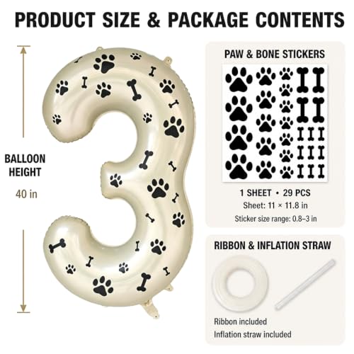Image of 40 Inch Cream Beige Number 3 Foil Balloon DIY with Dog Paw Bone Stickers