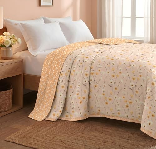 Image of HOMEKART Luxury Cotton Dohar Blanket for Double Bed | Ultra Soft Reversible AC Quilt | Floral Printed Lightweight Summer Blanket | 88x85 Inches (Peach Blossom Harmony)