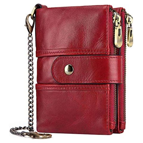 TEUEN Womens Purse Wallet RFID Blocking Real Leather Ladies Purses with Chain Multi Compartment Purses for Women with Double Zip, Small Bifold Ladies Wallets with Coin Pocket 16 Card Holder (Red) Cover
