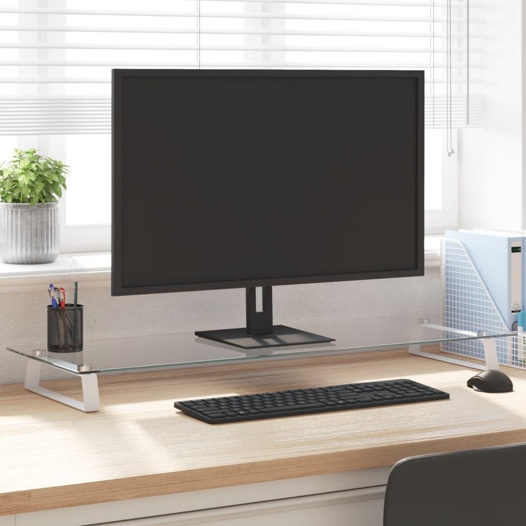Soporte para monitor de cristal templado blanco y metal, 100 x 35 x 8 cm, soporte ergonómico para pantalla de escritorio y oficina en casa, 10 kg de capacidad de carga para oficina