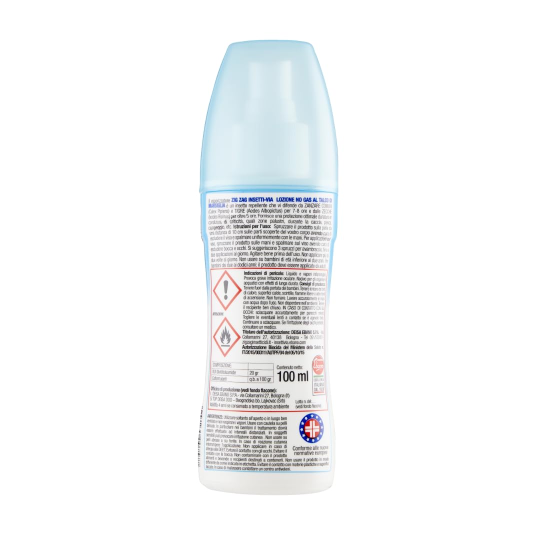 ZIG-ZAG lozione antizanzare corpo, Repellente zanzare zecche tafani, Talco di Marsiglia, 100 ml