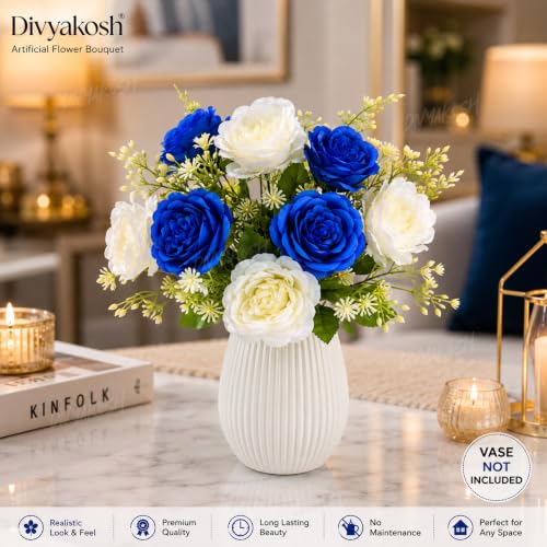 Image of Divyakosh Artificial Flowers Bunch (Vase Not Included). Artificial Flower for Vase, 5 Royal Blue & 5 Cream White Peony Bouquet, Artificial Flower for Living Room Office Dining Table