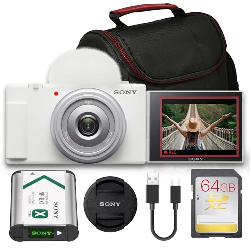 Image of Sony ZV-1F Vlogging Camera Bundle (White) | 20.1MP 1" Sensor, 4K Video, 20mm Wide Lens, Flip Screen & Directional Mic | Ideal for Vlogging & Content Creation (ZV1F/W) + 64GB Card + Camera Bag