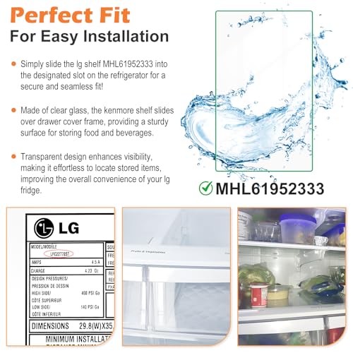 Image of Upgraded MHL61952333 Refrigerator Glass Shelf Compatible with LG Kenmore Refrigerator Shelf Replacement Parts Crisper Drawer Cover Tempered Glass Shelves LG Fridge Shelves Replacement LFCS22520S Part