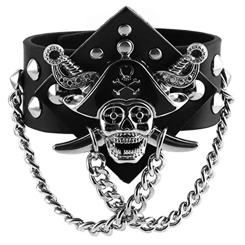 Hzman Gothic Black Leather Pirate Bracelet Cross Skull Bangle Metal Spike Studded Link Cuff (Pirate) #TOP20