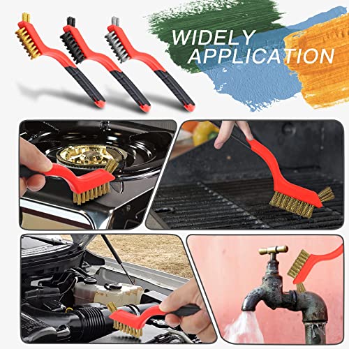 Image of Stainless Steel Mini Brushes, Red Metal Wire Brush Set Nylon /Brass /Stainless Steel Bristles Brush for Rust Removal (7 Inch Long, 6 Pcs)