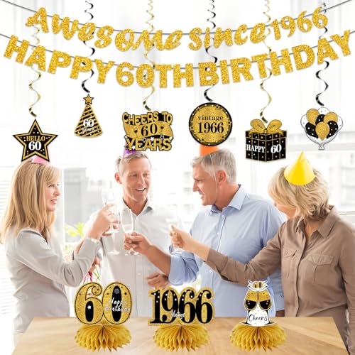 Image of Kuxriox 11Pcs 60th Birthday Decorations Kit for Men Women, Black Gold Happy 60th Birthday Banner, Awesome Since 1966 Centerpieces Swirls Party Supplies, Sixty Bday Banner Ceiling Table Topper Sign