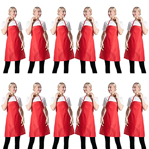 Image of CWFUN Bib Aprons Bulk for Women Men Unisex Waterproof apron for Cooking Baking Kitchen Restaurant Crafting Painting Apron- Bulk Aprons for Girls Waiter Waitress Apron,12 Packs-Multicolours (1, Red)