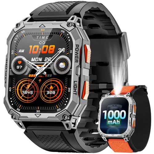 Military Smart Watches for Men (2 Straps), 2.01" HD Smartwatch with 1000 mAh Battery, Answer/Make Call, Led Flashlight, Heart Rate/Sleep Monitor, 100+ Sport Modes Fitness Tracker for Android/iPhone