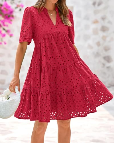 Image of BTFBM Womens Boho Summer Dresses 2026 Spring V Neck Short Sleeve Hollow Out Lace Ruffle Casual Beach Mini Vacation Dress