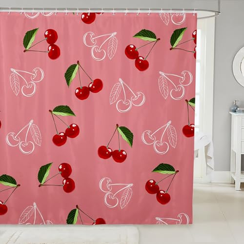 Image of Cherry Bath Curtain Girls Red White Cherry Bathroom Shower Curtain Set Fresh Fruit Theme Shower Curtain for Kids Adults Sweet Cherry Waterproof Bathroom Curtains Bright Vibrant Room Decor 72x78 Inch