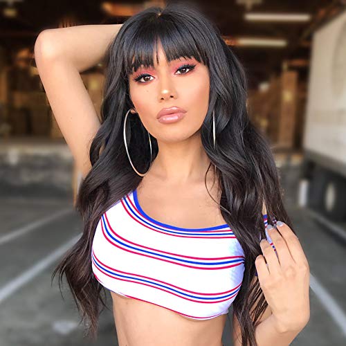 MERISIHAIR Long Wavy Black Wig with Bangs Synthetic Wavy Wigs for Black Women, Selena Wig with Bangs Heat Resistant 24 Inches