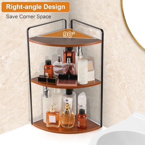 Image of 3 Tier Corner Bathroom Counter Organizer, Countertop Organizer, Makeup Organizer Countertop, Bathroom Storage Sink Shelf, Wooden and Metal Counter Shelf (Red Brown)