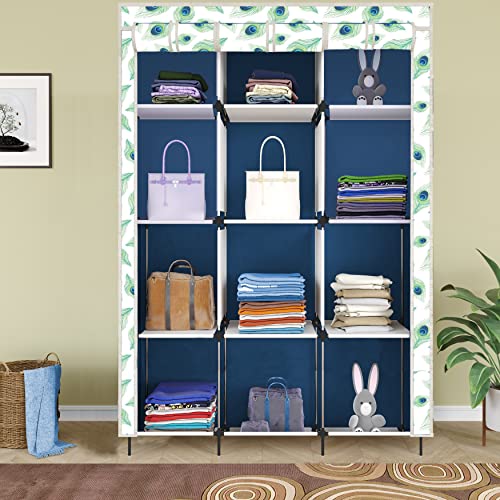 Image of GTC Printed Collapsible Wardrobe Portable Foldable Closet for Clothes Almira, 12 Shelves, 1 Side Pocket Non-Woven Fabric 100 GSM (5000-3 Peacock Blue)