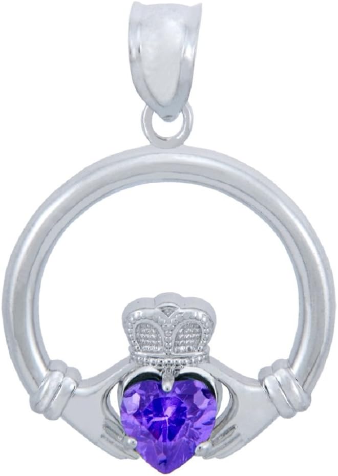 June Birthstone Heart CZ Sterling Silver Claddagh Pendant