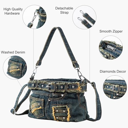 Image of Fashion Crossbody Bag Denim Purse with Rhinestones Y2K Jean Handbag for Women | Washed Denim