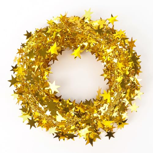 2pz 7,5m Ghirlande con Stelle, Festone Ghirlanda di fili Orpelli, Ghirlande Natalizie per Albero di Natale Camini Scale Decorazioni Addobbi Natale (Oro)