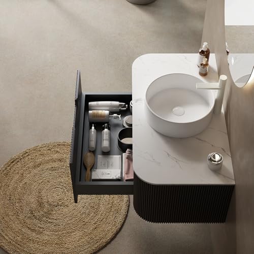Image of KEIKI 36 inch Bathroom Vanity Cabinet with Sink Combo, Wall Mounted Curved Edges Striped Floating Bathroom Vanity with Soft-Close Drawer, White Round Ceramic Basin Without Faucet, Black