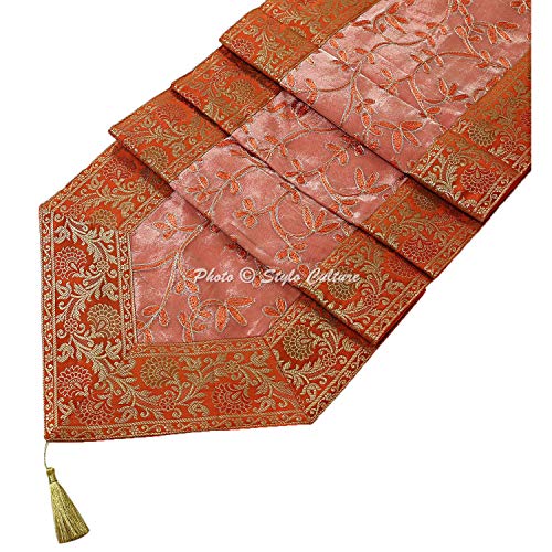 Image of Ari Zari Embroidered Table Runner for Centre Table Decorative 6 Feet Orange & Peach Ethnic Banarsi Brocade Satin Indian Long Runner Up with Tassels Dining Tablecloth