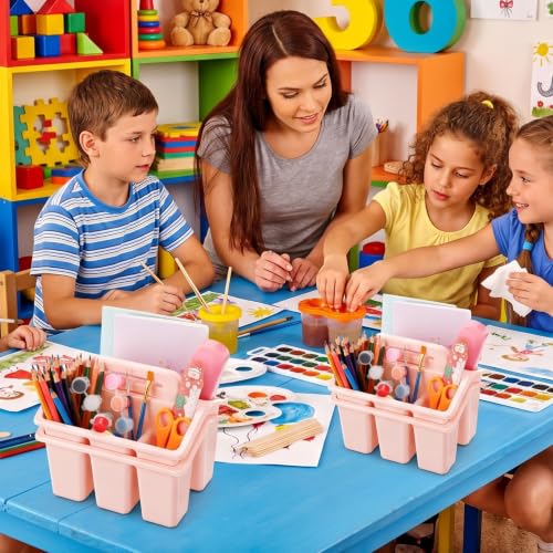 Image of WILLBOND 12 Pcs Classroom Storage Caddies Stackable Utility Caddies with 4 Compartment Plastic Caddy with Handle Portable Storage Bins Organizers for Kids Schools Art Craft Supplies(Pink)