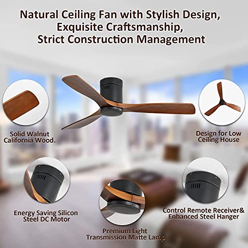 Caci Mall 52" Ceiling Fan Without Lights Remote Control, Low Profile Flush Mount Ceiling Fan 3 Walnut Wood Ceiling Fan Reversible Etl Dc Motor #TOP3