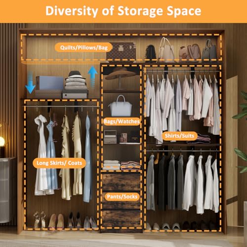 Closet-System-with-Drawers-8FT-Custom-Closet-Organizer-Systems-with-3-Shelving-Towers-Expandable-Hanging-Rods-Adjustable-Shelves-96-Walk-in-Closet-Kit-Corner-Closet-Wall-MountWalnut Closet System with Drawers 8FT Custom Closet Organizer Systems with 3 Shelving Towers Expandable Hanging Rods Adjustable Shelves 96 Walk in Closet Kit Corner Closet Wall MountWalnut