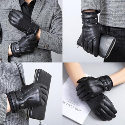 BDSHUNBF Herren Lederhandschuhe, Hochwertige Handschuhe aus PU-Leder für Winter, Gefüttert, Schwarz, L