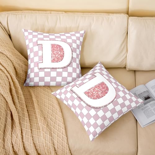 Image of Erosebridal Pink Initial D Throw Pillow Covers 18x18 Set of 2 Kawaii Plaid Checkered Pillow Covers Cute Personalized Monogram Cushion Cover Fashion Grids Gingham Pillow Cases for Couch Sofa