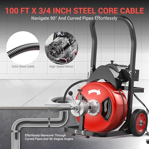 100Ft 3/4 Inch Cable Drain Cleaning Machine, 750W Auto Feed Portable Electric Sewer Snake, Electric Drain Auger with 6 Cutter Air-Activated Foot Switch for 4" to 8" Pipes