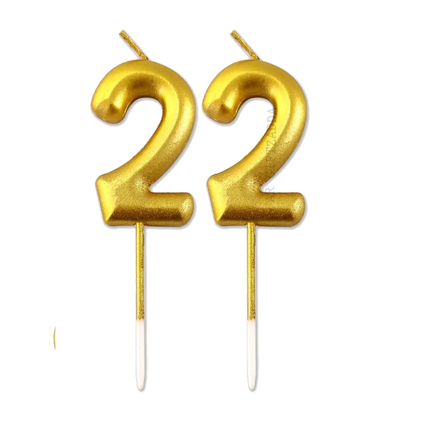 Image of AR Giftzadda 22 Number Cake Topper Golden Chrome Candle for 22nd Birthday /Anniversary Party Celebrations (22 Number Gold Chrome Candle)