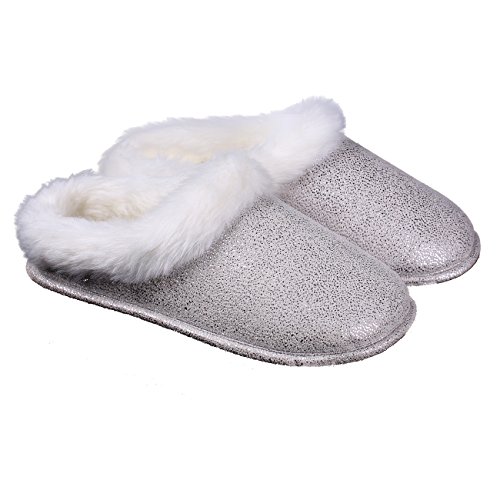 ofoot Womens Winter Warm Moccasin Suede Faux Fur House Slippers MulesThick Memory Foam Furry House Shoes Indoor Outdoor Non-Slip Rubber Bottoms