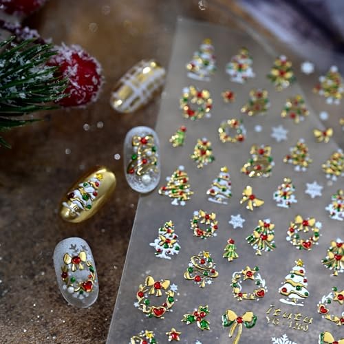 Image of Christmas Tree Nail Sticker Decals Gold Nail Stickers Bow Nail Decals with Colorful Design 5D Self Adhesive Nails Charms for Women Girls Xmas Manicure Decoration Accessories Supply