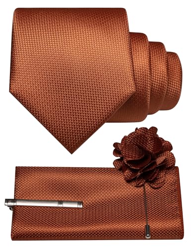 JEMYGINS Mens Necktie Rust Tie and Lapel Pin with Pocket Square Tie Clip Sets for Casual and Business(3)