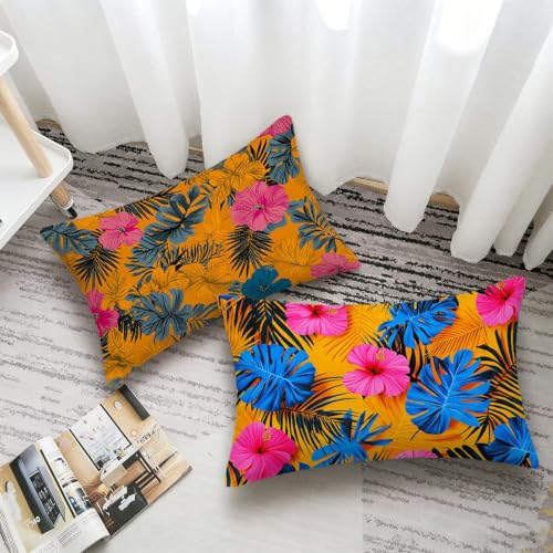 Coussin tropical jaune imperméable en lin texturé avec impression double face