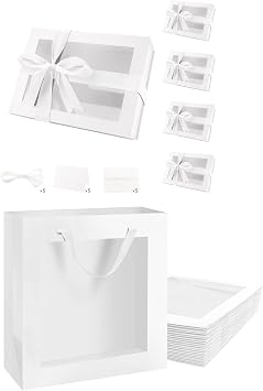 PACKQUEEN 5 White Gift Boxes with Windows 9x6.5x3.8 Inches, 12pcs White Gift Bags with Transparent Window 10x4.5x11 Inches