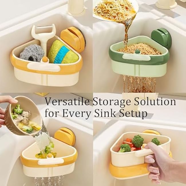 Suction Cup Sink Corner Rack, 2025 New Plastic Sink Storage Rack Holder, Sinks Suction Caddy with Strong Suction Cup Removable, Auto-Dump Strainer for Kitchen Bathroom Dishware (Yellow)